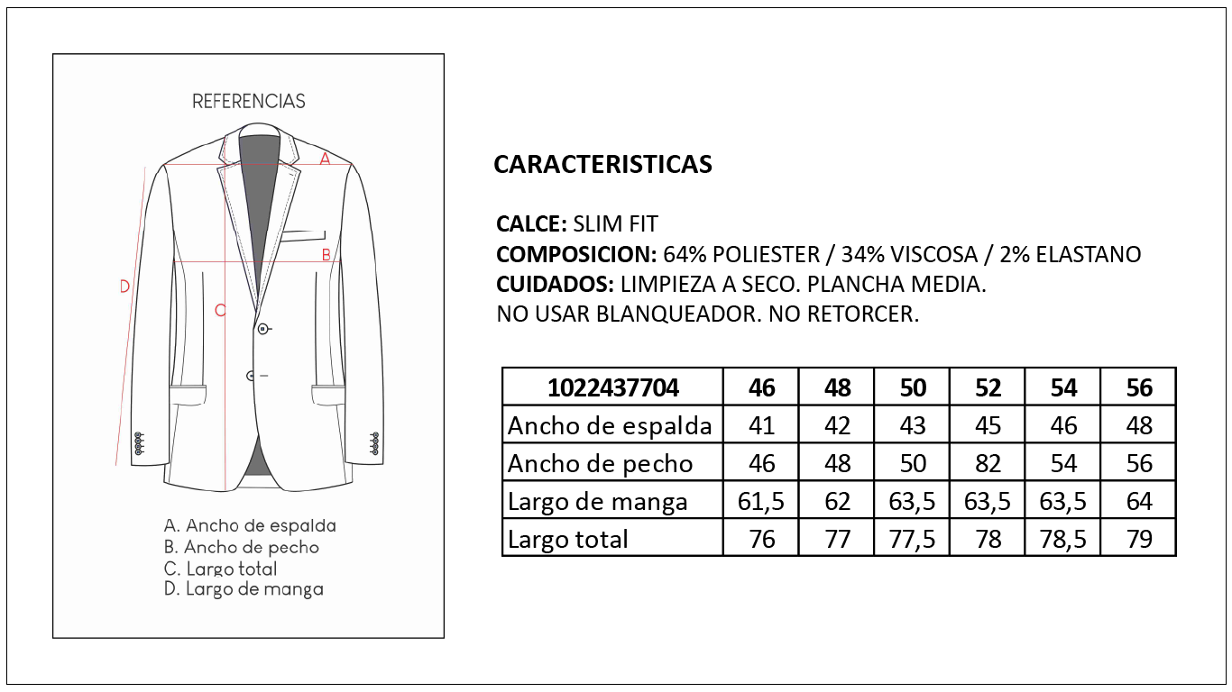 Tabla de Talles Saco Sastrer&iacute;a Hombre Britches